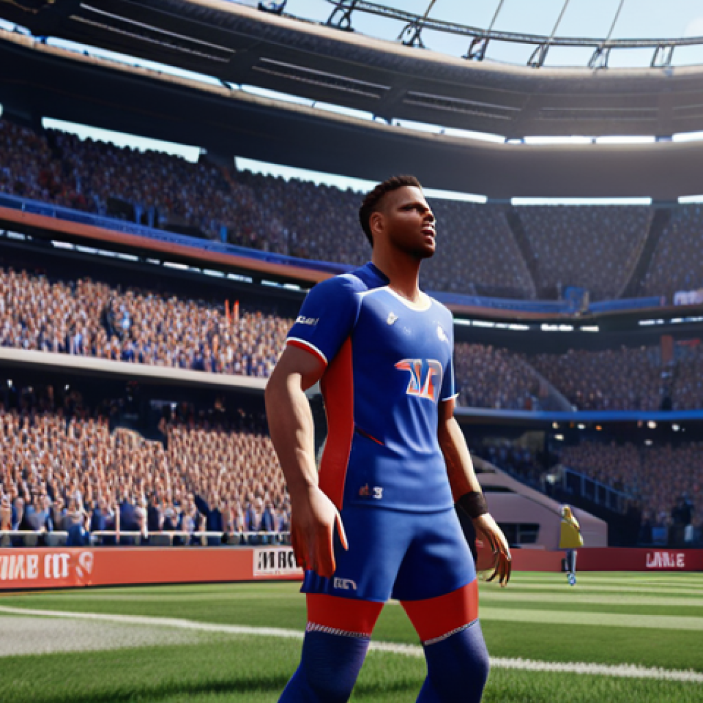 **
Vibrant and realistic sports game scene on a next-gen console (PS5 or Xbox Series X). Focus on the detailed graphics: stadium crowd, athlete's face with realistic sweat, fluid motion. Capture the immersive feel of being "on the field."
**