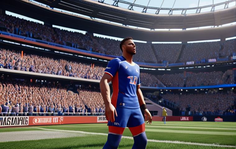 **
Vibrant and realistic sports game scene on a next-gen console (PS5 or Xbox Series X). Focus on the detailed graphics: stadium crowd, athlete's face with realistic sweat, fluid motion. Capture the immersive feel of being "on the field."
**