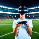 Home 6 A young adult professional gamer wearing a sleek, modern esports uniform and a state-of-the-art VR headset, holding a high-tech gaming controller in their well-formed hands. They are deeply immersed in a vibrant virtual sports arena, with subtle glowing haptic feedback effects around their hands, suggesting sensory input. The background shows stylized elements of a blurred sports field with stadium lighting. Professional photography, high detail, sharp focus, volumetric lighting, dynamic pose, safe for work, appropriate content, fully clothed, modest clothing, professional dress, perfect anatomy, correct proportions, natural pose, proper finger count, natural body proportions.