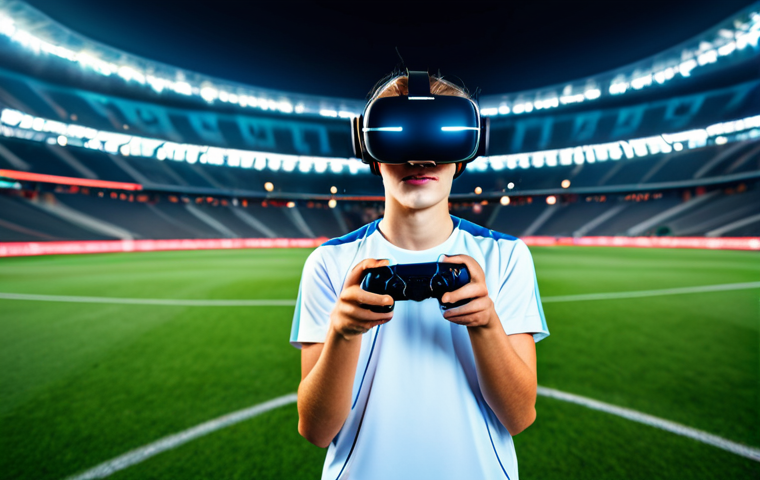 A young adult professional gamer wearing a sleek, modern esports uniform and a state-of-the-art VR headset, holding a high-tech gaming controller in their well-formed hands. They are deeply immersed in a vibrant virtual sports arena, with subtle glowing haptic feedback effects around their hands, suggesting sensory input. The background shows stylized elements of a blurred sports field with stadium lighting. Professional photography, high detail, sharp focus, volumetric lighting, dynamic pose, safe for work, appropriate content, fully clothed, modest clothing, professional dress, perfect anatomy, correct proportions, natural pose, proper finger count, natural body proportions.