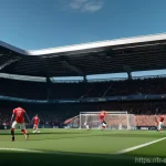 Home 4 스포츠게임 매출 순위 - A hyper-realistic depiction of a pivotal moment in a virtual football (soccer) match, resembling hig...