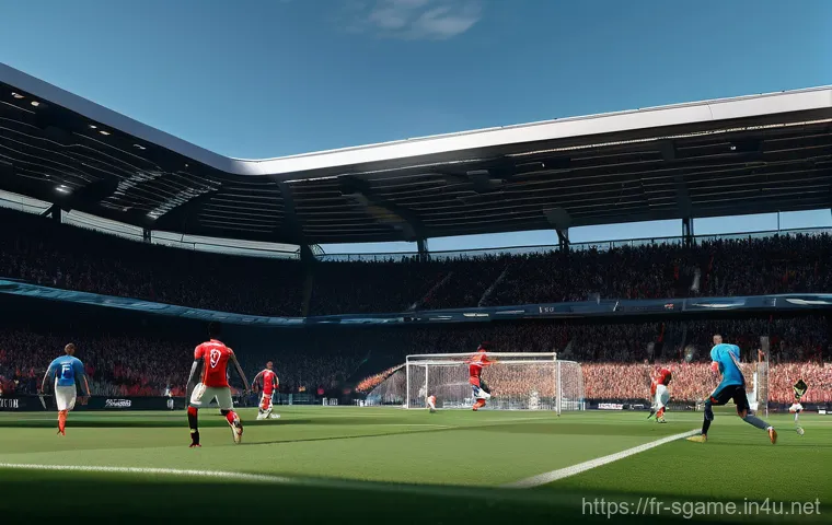 스포츠게임 매출 순위 - A hyper-realistic depiction of a pivotal moment in a virtual football (soccer) match, resembling hig...