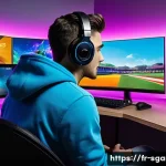 스포츠게임과 스트리머의 관계 - A dynamic esports streaming scene showing a charismatic male streamer in his mid-20s wearing casual ...