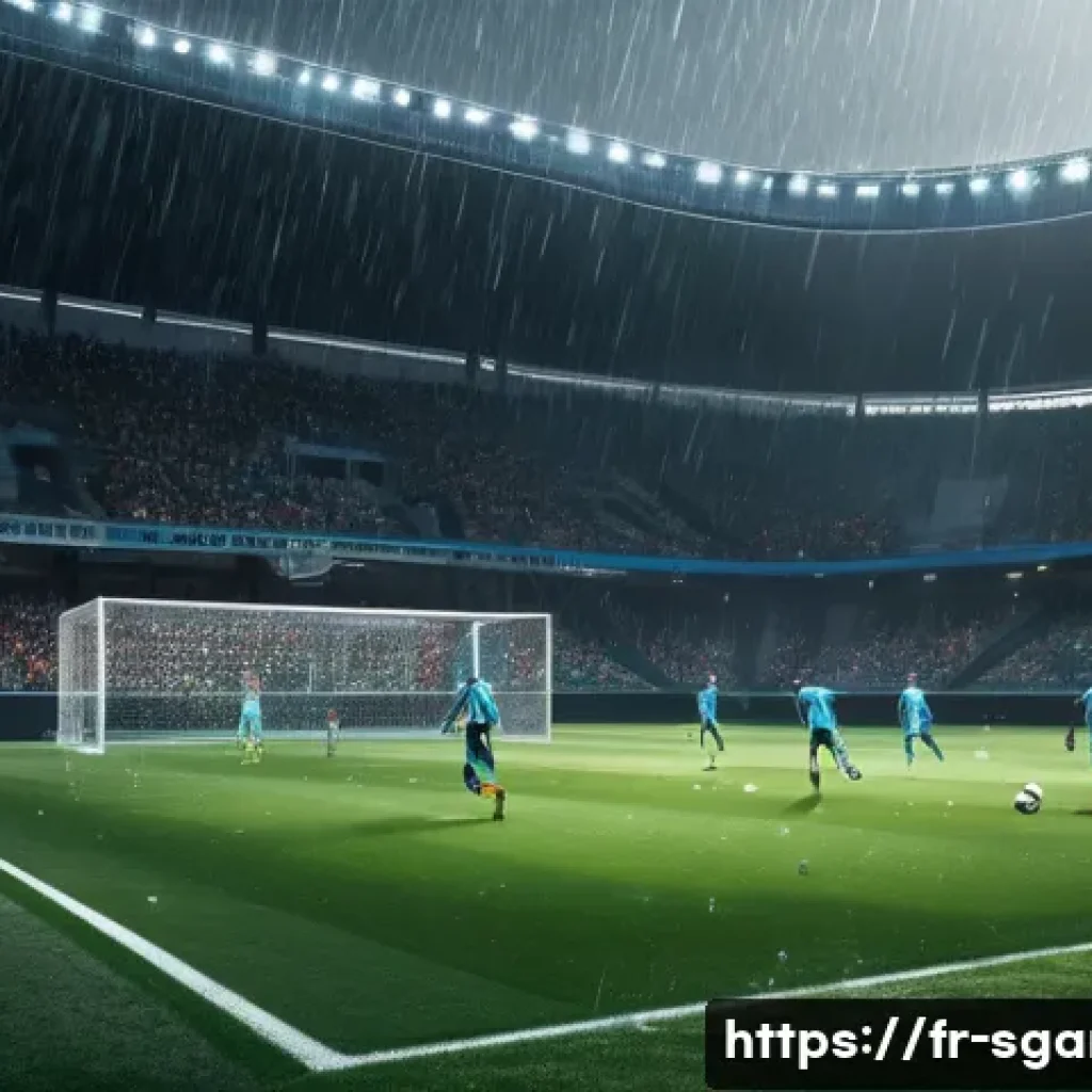 스포츠게임 신규 업데이트 일정 - A hyper-realistic digital rendering of a futuristic soccer stadium under dynamic weather conditions,...