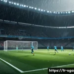 스포츠게임 신규 업데이트 일정 - A hyper-realistic digital rendering of a futuristic soccer stadium under dynamic weather conditions,...