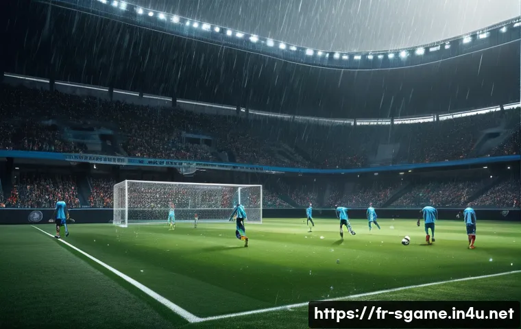 스포츠게임 신규 업데이트 일정 - A hyper-realistic digital rendering of a futuristic soccer stadium under dynamic weather conditions,...