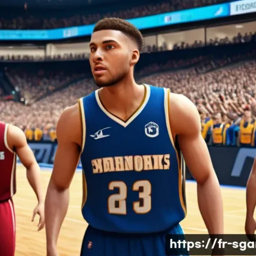 스포츠게임 제작 과정 비하인드 - A highly detailed scene of virtual athletes during a basketball game, showcasing realistic player an...