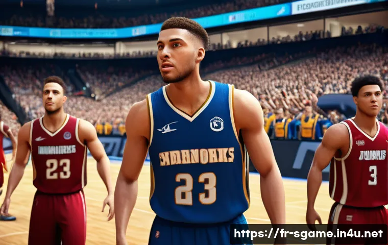 스포츠게임 제작 과정 비하인드 - A highly detailed scene of virtual athletes during a basketball game, showcasing realistic player an...