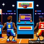 레트로 스포츠게임 다시하기 - A vibrant retro sports arcade scene featuring pixel art style characters playing a fast-paced 1990s ...