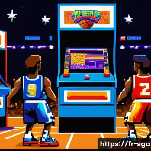 레트로 스포츠게임 다시하기 - A vibrant retro sports arcade scene featuring pixel art style characters playing a fast-paced 1990s ...