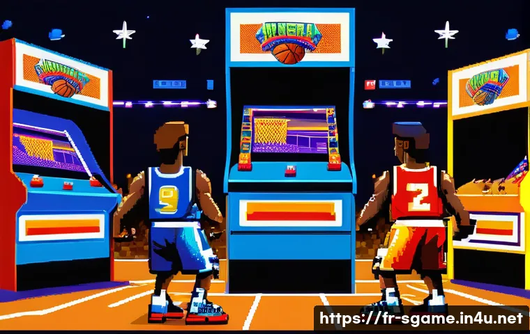 레트로 스포츠게임 다시하기 - A vibrant retro sports arcade scene featuring pixel art style characters playing a fast-paced 1990s ...