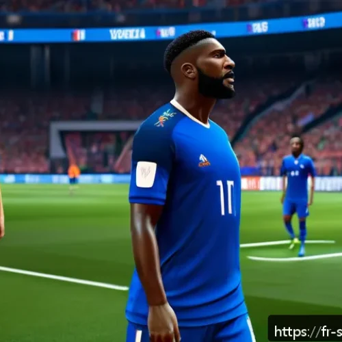 스포츠게임의 현실성 평가 - A hyper-realistic virtual reality soccer match scene showcasing detailed player textures and express...