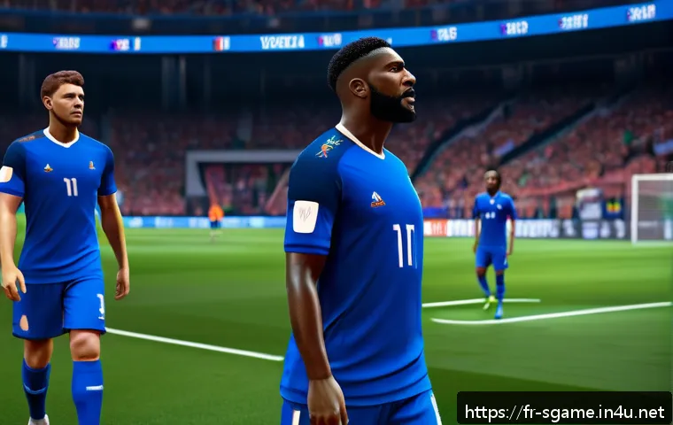 스포츠게임의 현실성 평가 - A hyper-realistic virtual reality soccer match scene showcasing detailed player textures and express...