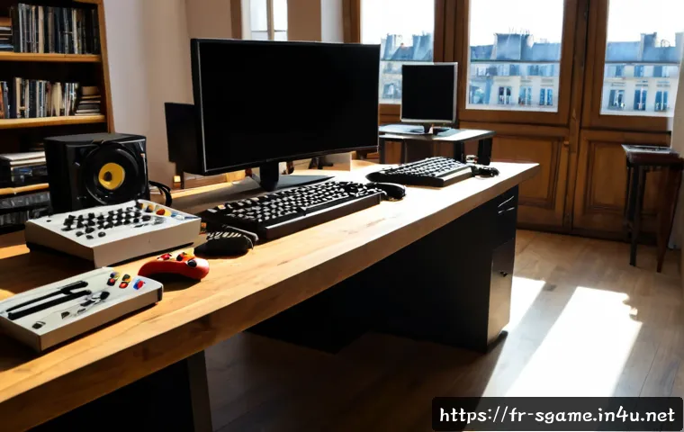 스포츠게임 제작사 연혁 - Photorealistic wide-angle view of a French video game studio’s historical development, a bright mode...
