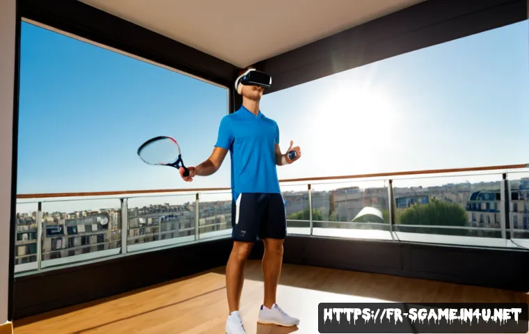 스포츠게임 VR 경험 - Photorealistic young adult in a bright modern Paris apartment playing a virtual reality sports game,...