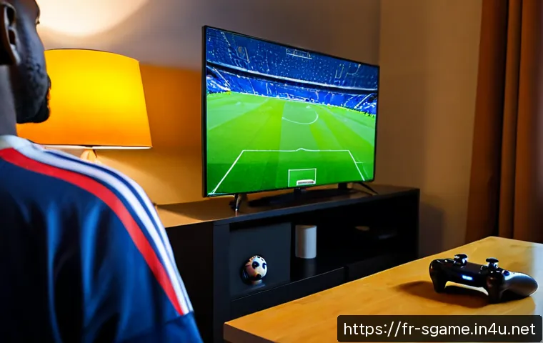 eFootball 패치 업데이트 방법 - Photorealistic over-the-shoulder view of a French football fan in a modern Paris apartment updating ...
