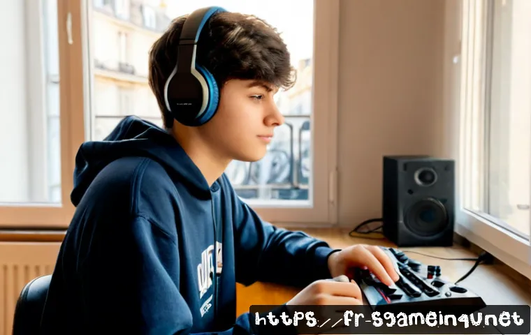 스포츠게임의 심리학적 영향 - Photorealistic scene of a French teenage esports player in a modest home study, wearing casual cloth...